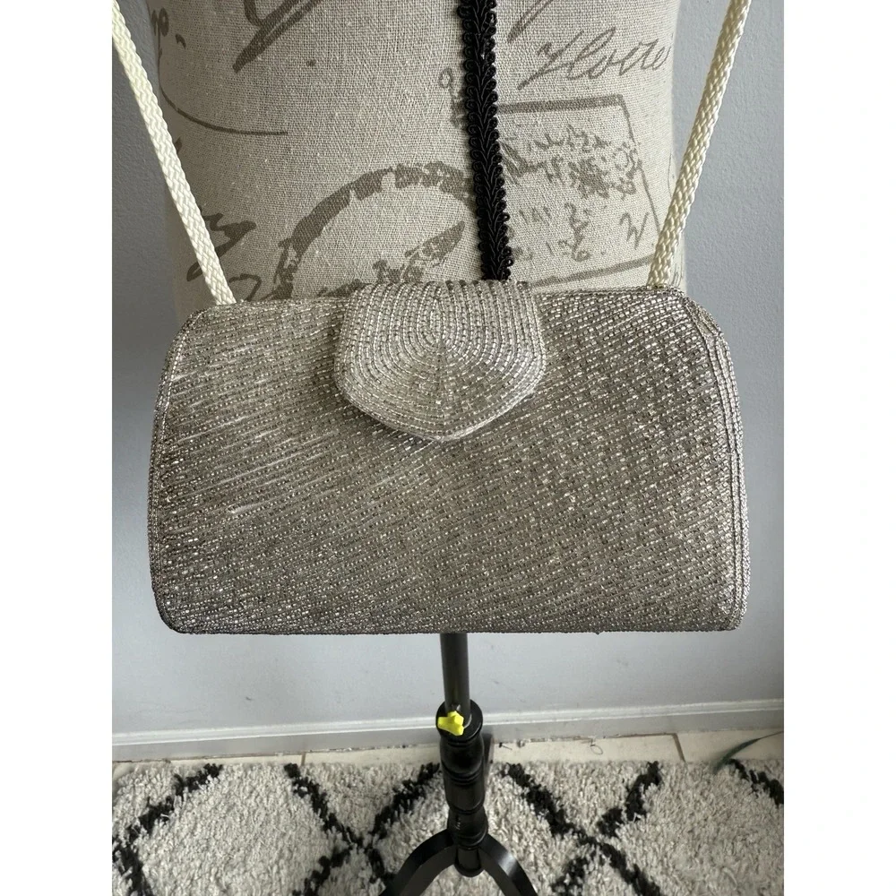 Vintage Neiman Marcus Evening Bag Silver Beaded  Purse‎ chain strap